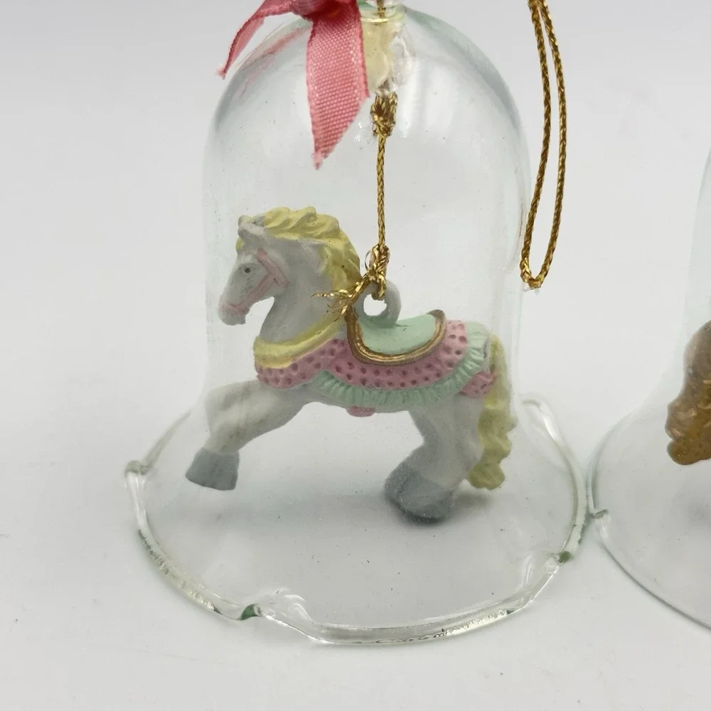 Vintage Set of 4 Clear Glass Bells with Carousel Horses Ornament Ruffled Edges‎